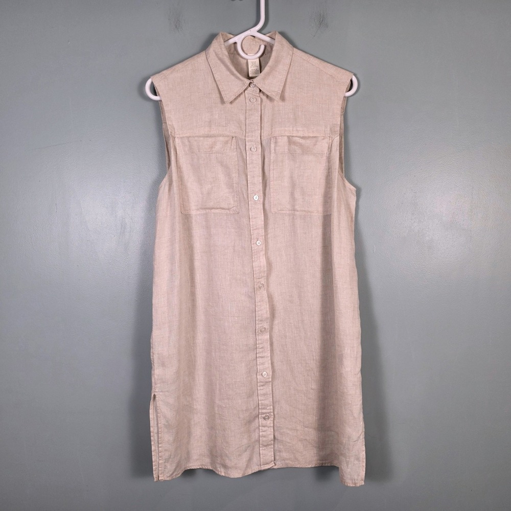H&M Beige 100% Linen Sleeveless Button Down Tunic Mini Dress Women XS 0957934 3